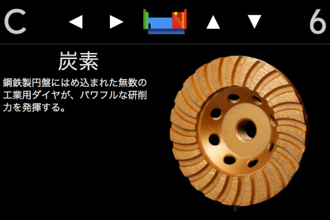右上の上下ボタンで、その元素を用いた製品なども知ることができる。